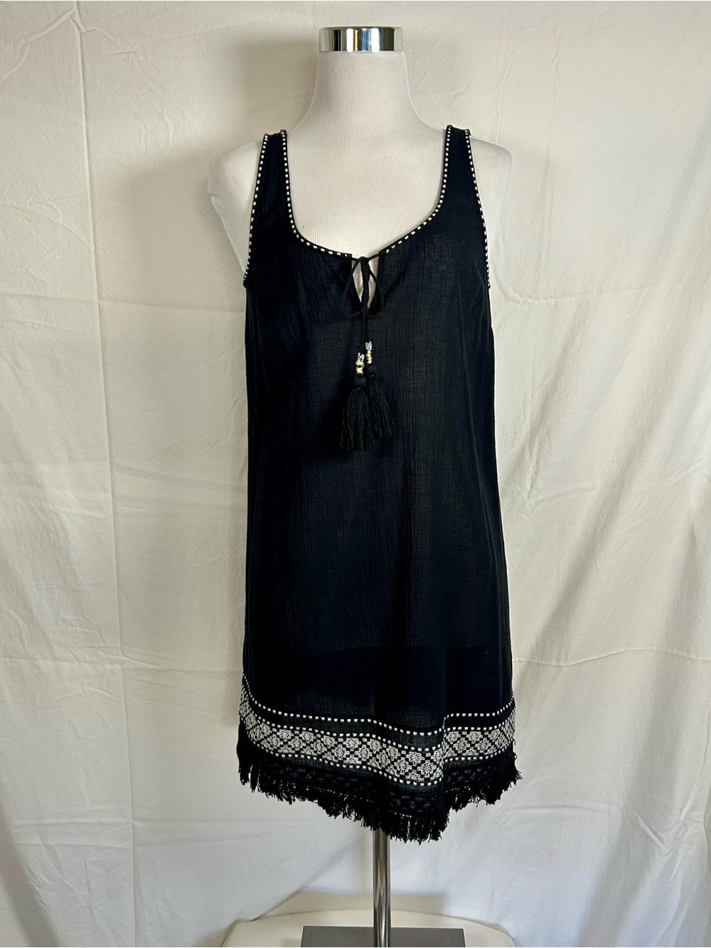 J Crew Dress Womens XS Black Cotton Gauze Boho Sleeveless Tassel Tie
